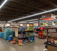 An overview of multiple aisles of an Aldi store.