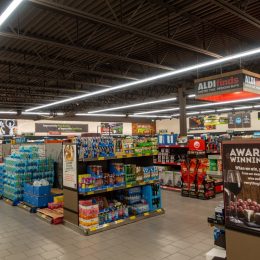 An overview of multiple aisles of an Aldi store.