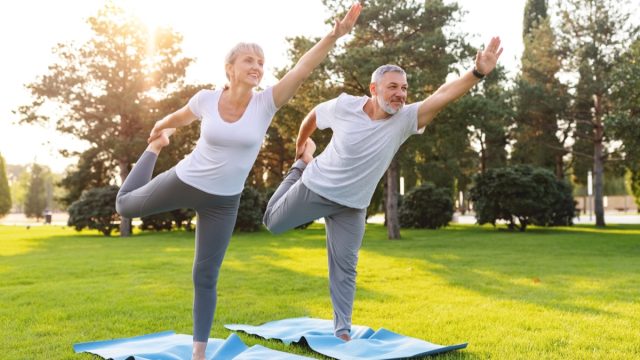 Lovely active fit elderly family couple practicing partner yoga outside in nature standing on rubber mat in lord of dance pose, smiling senior man and woman working out on green lawn in park
