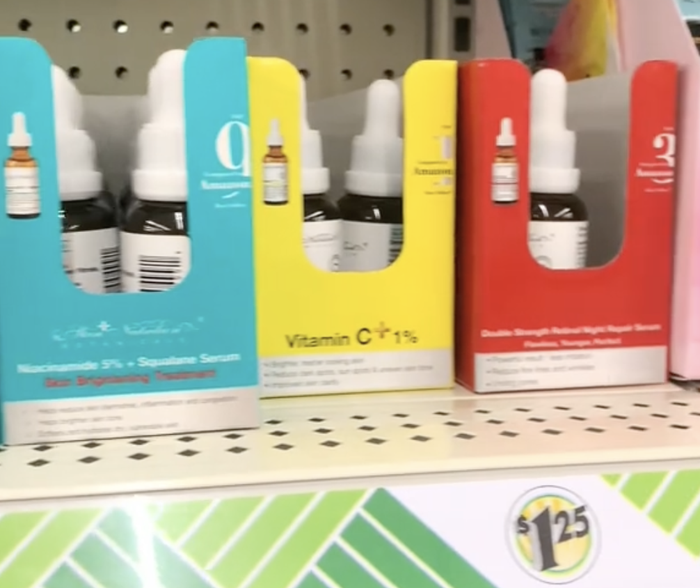 skincare products on a shelf at Dollar Tree