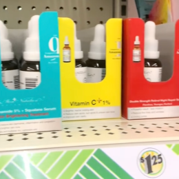 skincare products on a shelf at Dollar Tree