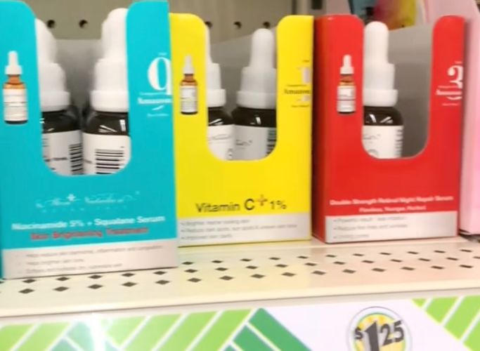 skincare products on a shelf at Dollar Tree