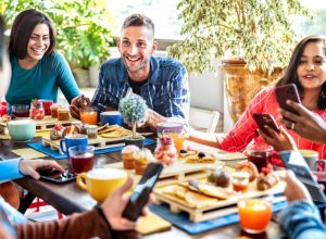 Group of friends enjoying outdoor brunch together