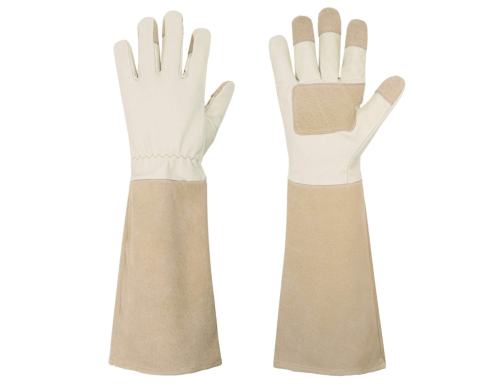 beige leather gardening gloves