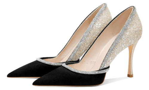 Black satin and white rhinestone stiletto heels