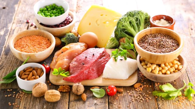 Meat, fish, legumes, dairy and other high protein foods