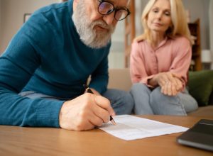 Senior couple filling out a form