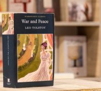 War and Peace sitting on table in bookstore