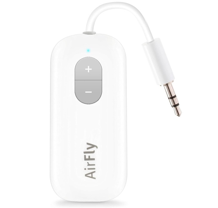 An AirFly headphones transmitter and receiver