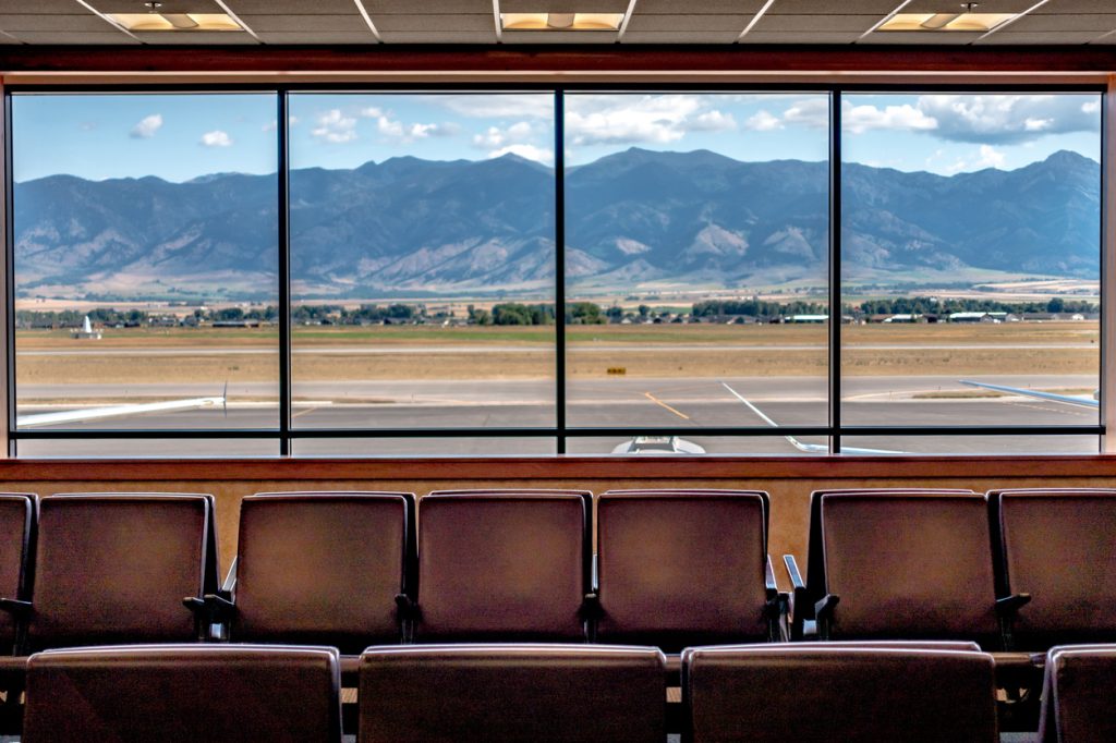 A view out the windows from Bozeman Yellowstone International Airport in Montana