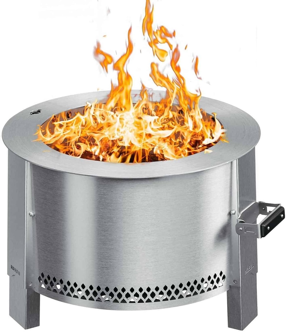 A stainless steel fire pit