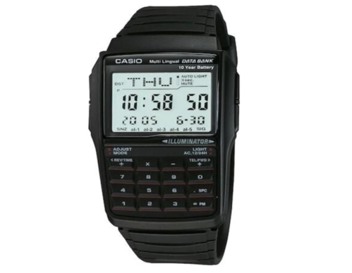 black calculator watch on white background