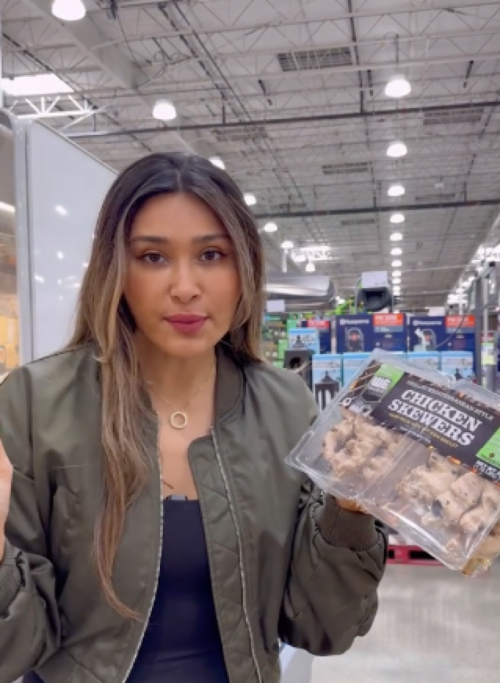 still from TikTok of Costco chicken skewers