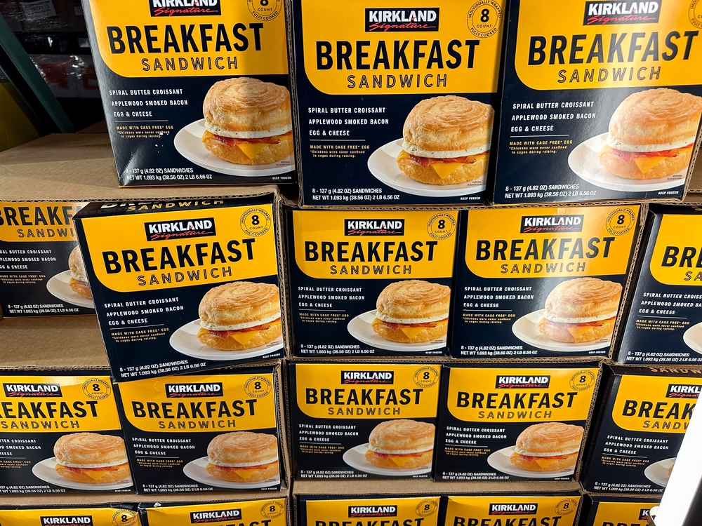 A stack of Costco Kirkland Frozen Breakfast Sandwiches