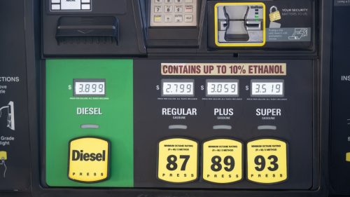 Gas pump with diesel option and gas price display.