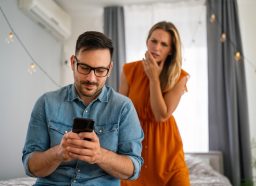 Jealous woman looking on as man uses cell phone while sitting