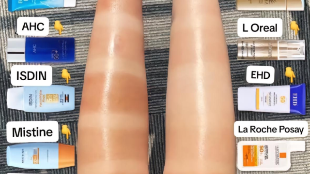 still from a video of a woman who tested 10 sunscreens on her legs