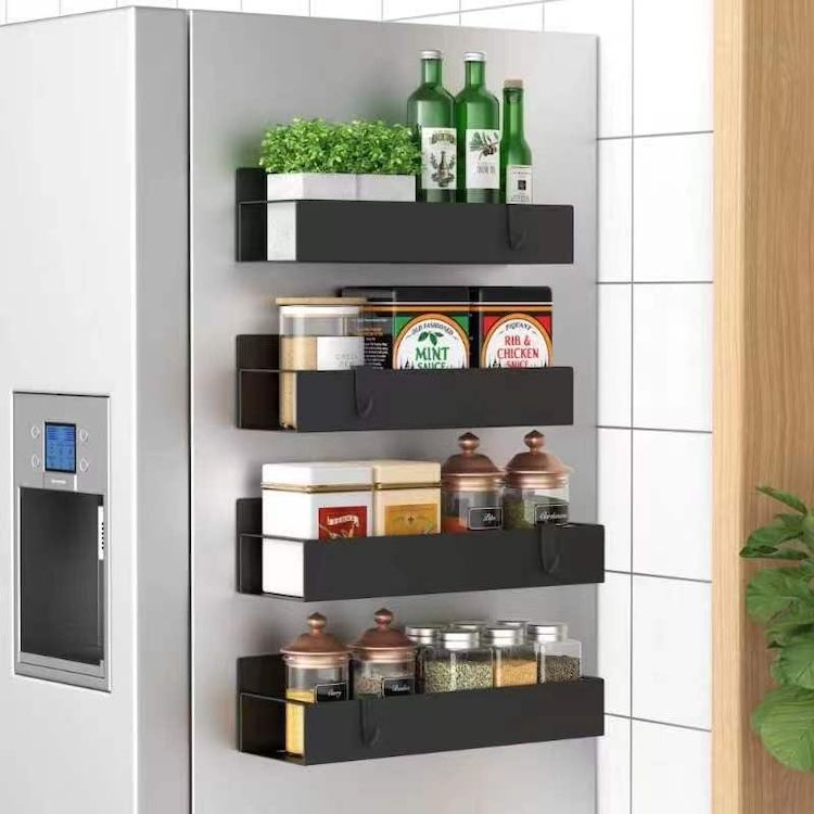 Magnetic kitchen storage racks on a fridge