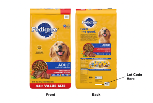 bags of purina dog food from an FDA recall on a white background