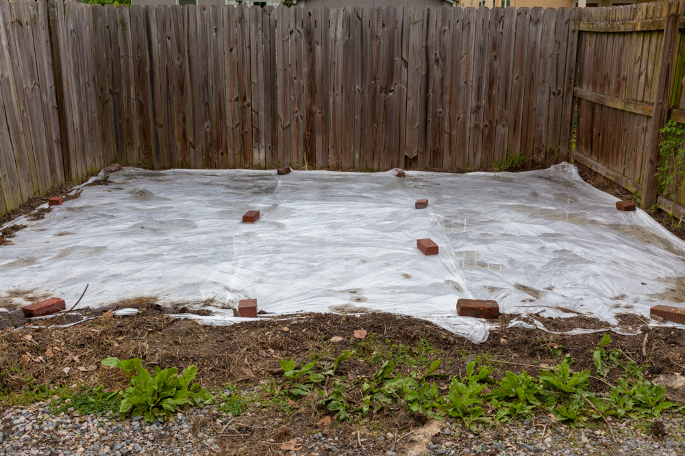 A plastic sheet in a garden to help prevent weed growth