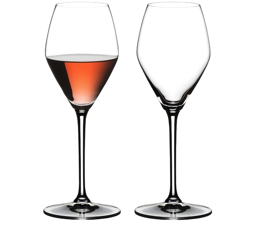 A pair of Riedel rosé wine glasses