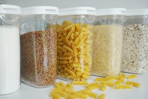 pasta and rice on shelf in pantry