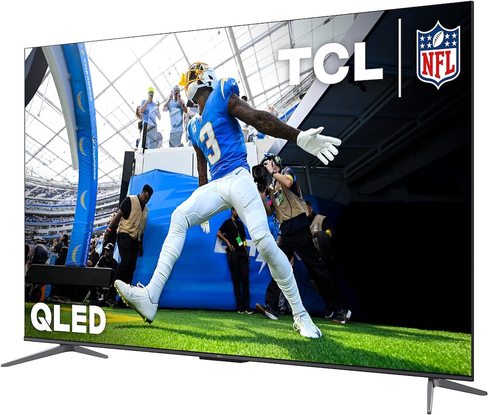 A TCL large screen TV with a football player on the screen