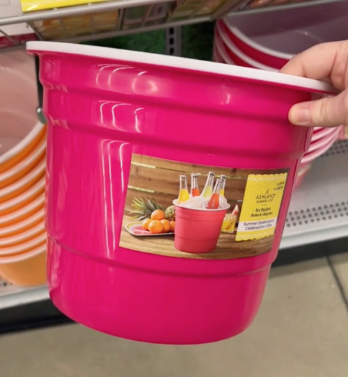 shopper holding up pink ice bucket at Michaels