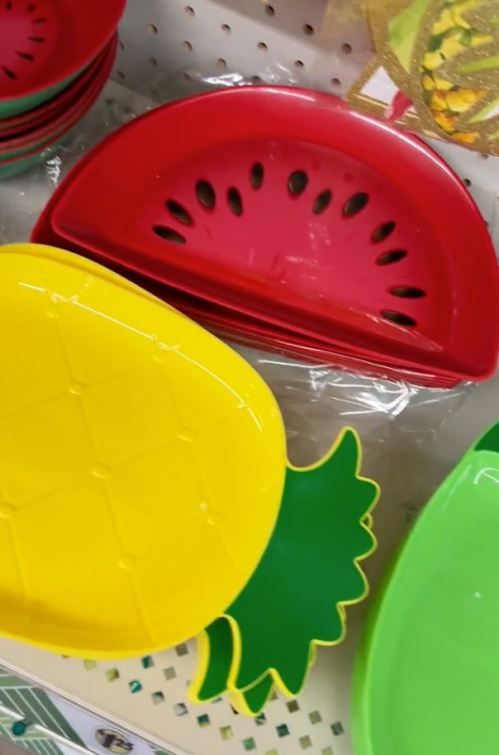Watermelon and pineapple shaped serving trays at Dollar Tree