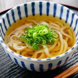 Udon noodle soup with scallions in blue and white bowl