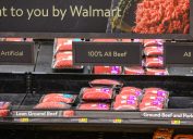 Display case of ground beef at a Walmart store