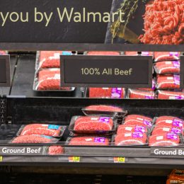 Display case of ground beef at a Walmart store