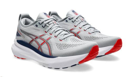 gray and red ASICS sneakers