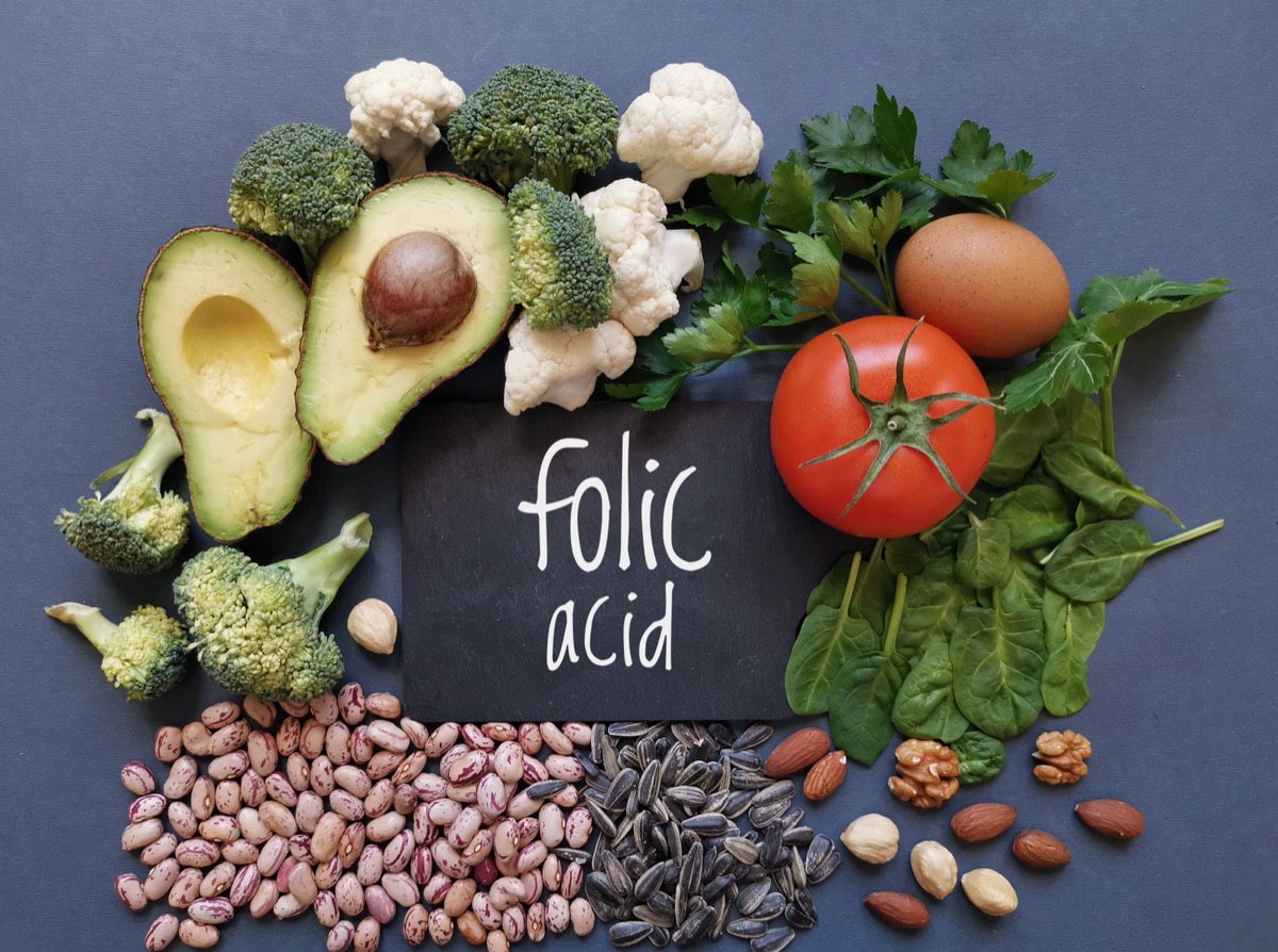 Food rich in folic acid or vitamin B9. Natural food sources of folic acid: avocado, cauliflower, broccoli, eggs, tomato, spinach, beans, nuts, parsley