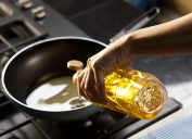 Pouring vegetable oil into frying pan