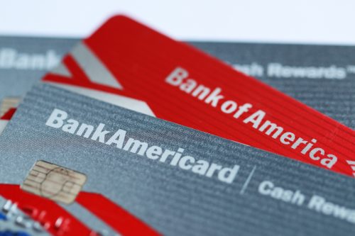 closeup of gray and red Bank of America credit cards
