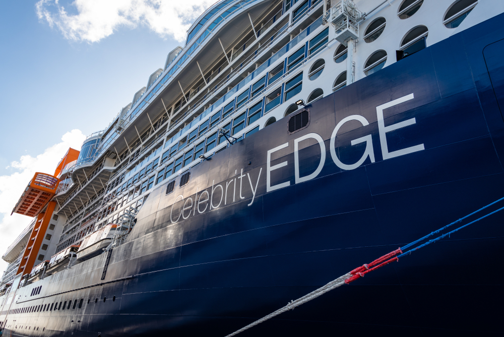A close up of the Celebrity Edge cruise ship in port
