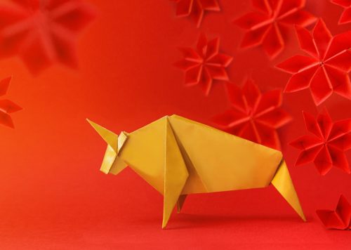 paper bull against a red background representing the chinese new year