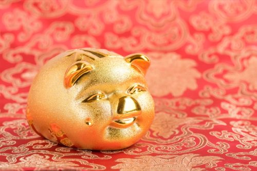 gold pig against a red background representing the chinese zodiac
