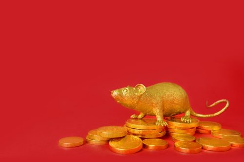 gold rat against a red background representing the chinese zodiac