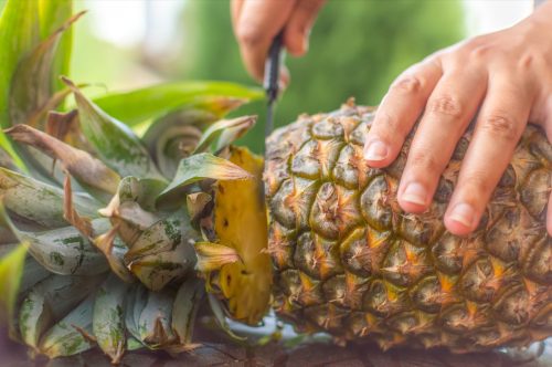 close up of person cutting the crown top off of a pineapple