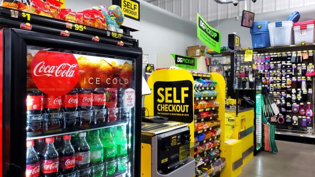 Dollar General South - Self Checkout next to a Coca Cola fridge (Cheyenne, Wyoming, USA) - 02272021