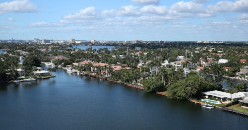 Aerial view of Fort Lauderdale's skyline and waterway canals.