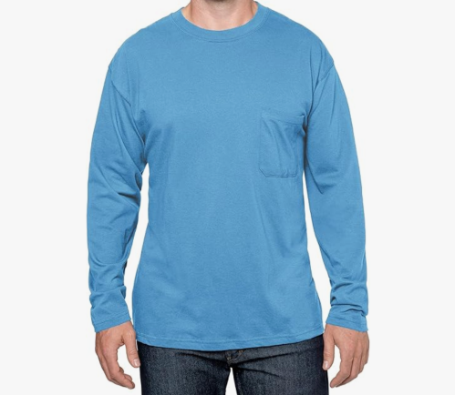 cropped image of man wearing long-sleeved blue t-shirt