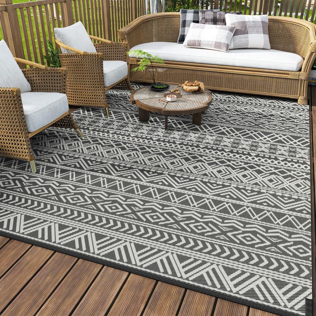 A patterned patio rug