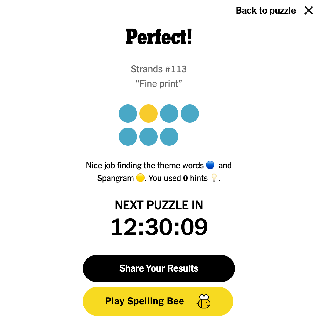 screenshot of the score pop-up from the NYT game Strands