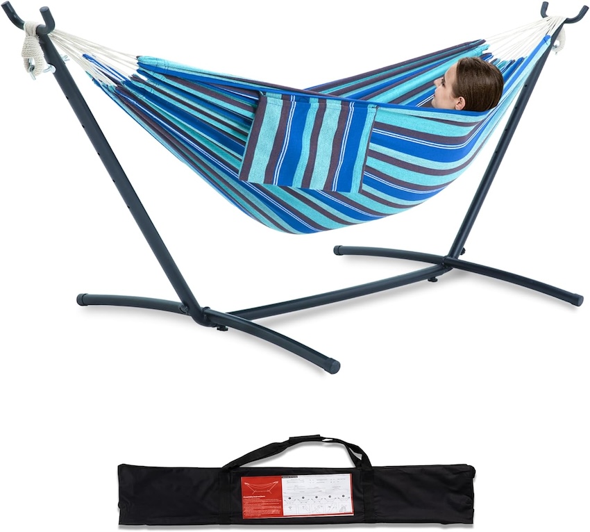 A striped blue hammock