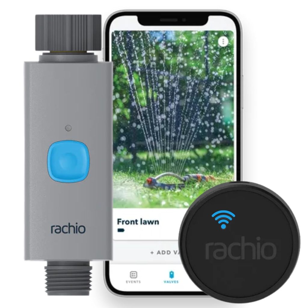 A Rachio smart hose timer next to a smartphone with the app on the screen and a wifi hub