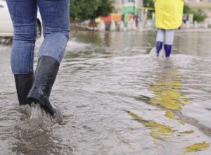 two people walk through puddles of flooded city rubber boots on their feet, teamwork, girls summer raincoats, lot of rainwater is poured on street, natural weather phenomena, walking boots on road