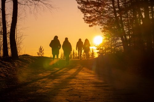 people out for a sunset walk